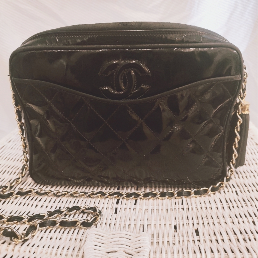 Rare Vintage Authentic Chanel Patent camera bag with tassel